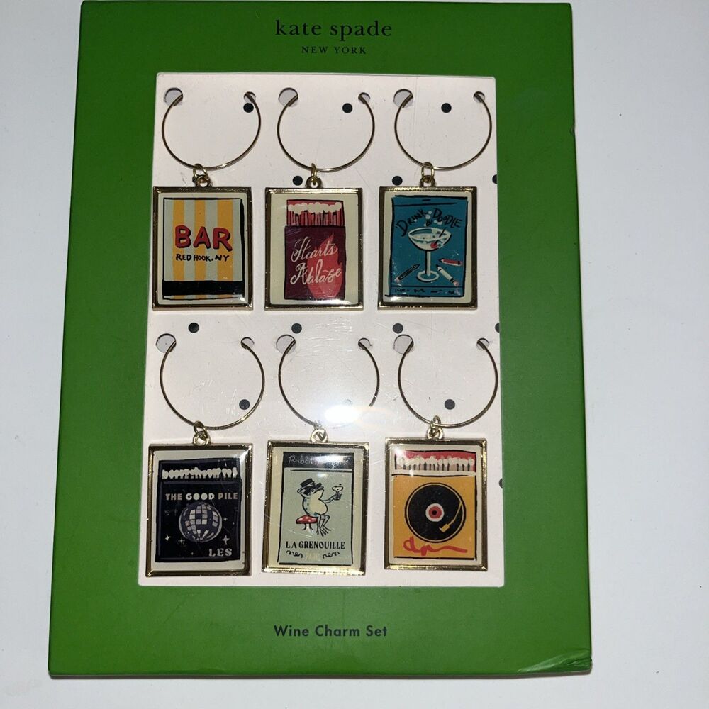 Kate Spade New York Mixed Novelty Wine Charms Set of 6 Purse Matchbook NWT (J1)C